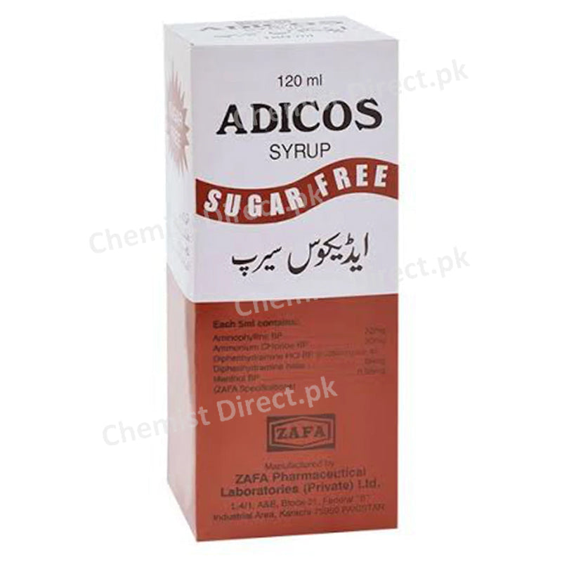 Adicos Syrup 120ml Zafa Pharmaceutical Diphenhydramine 8mg Aminophylline 32mg, Ammonium Chloride 30mg, Menthol 0.98mg