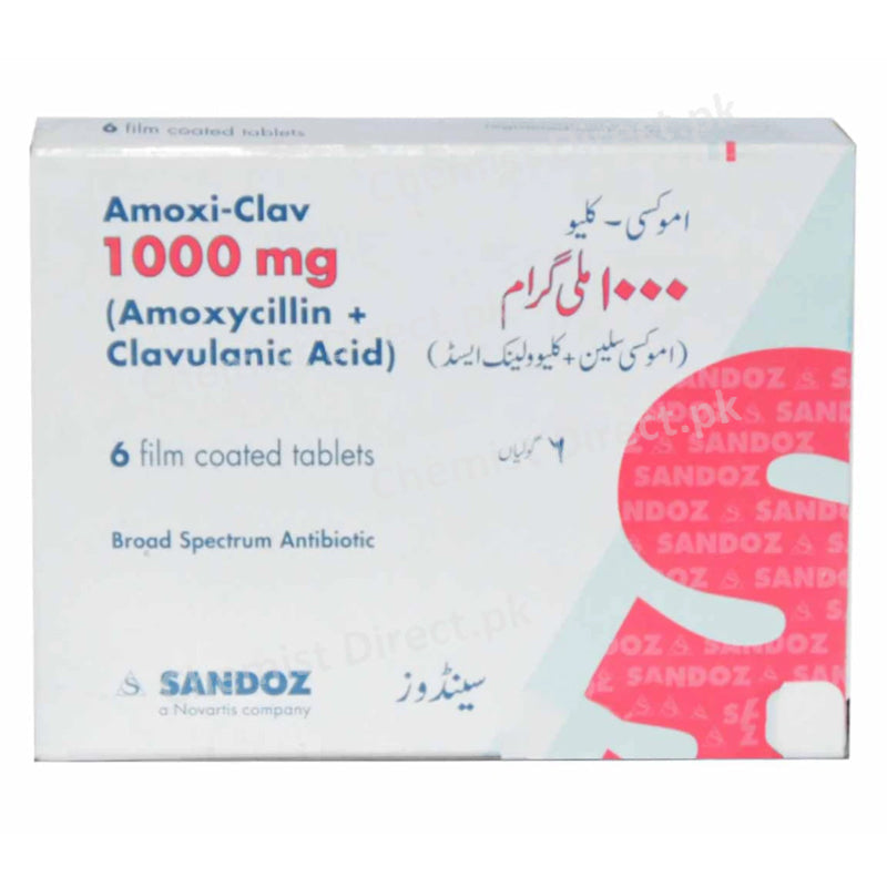 Amoxi-Clav Tablets 1000mg NOVARTIS PHARMA PAKISTAN LTD Amoxicllin 875mg , Clavulanic Acid 125mg