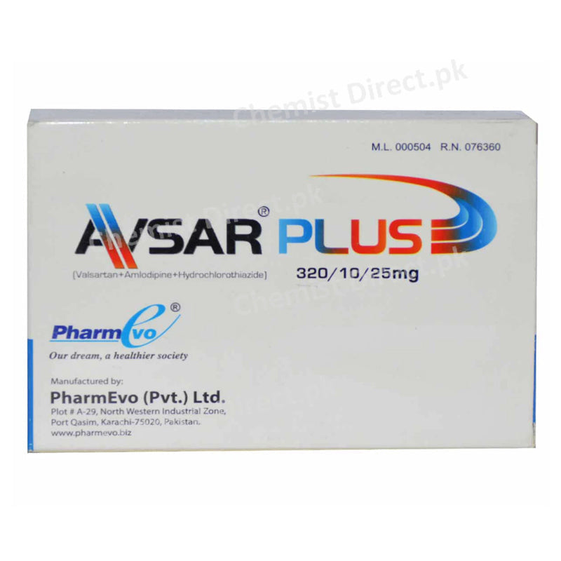 Avsar Plus Tab 320mg 10mg 25mg 28_s-Anti-Hypertensive-Valsartan320mg-Amlodipine 10mg Hydrochlorothiazide 25mg