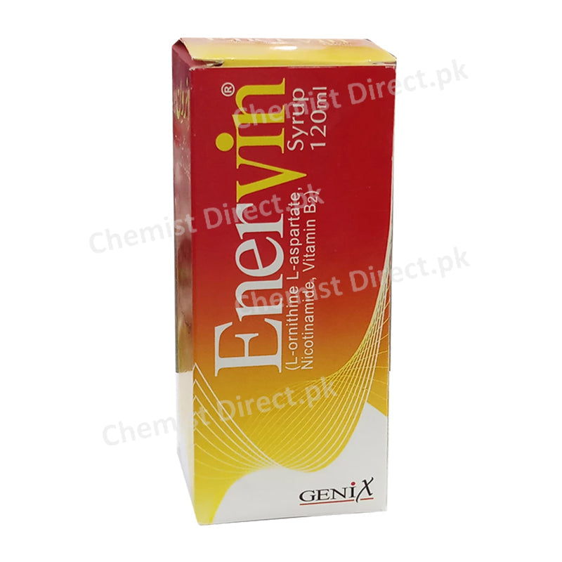 Enervin Syrup 120ml Genix Pharma L-ornithine L- Aspartate Nicotinmide, Vitamin B2