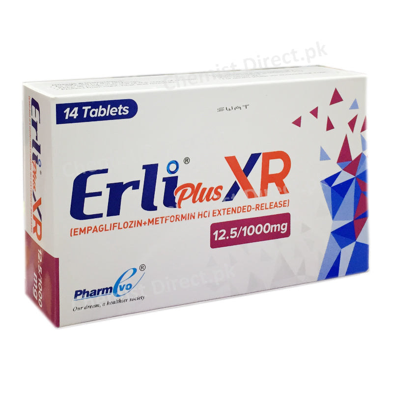 Erli Plus XR 12.5 1000mg Tablet Pharmevo Bio Tech pharma Oral Hypoglycemic Empaglifloxin Metformin HCL Extended Relesel