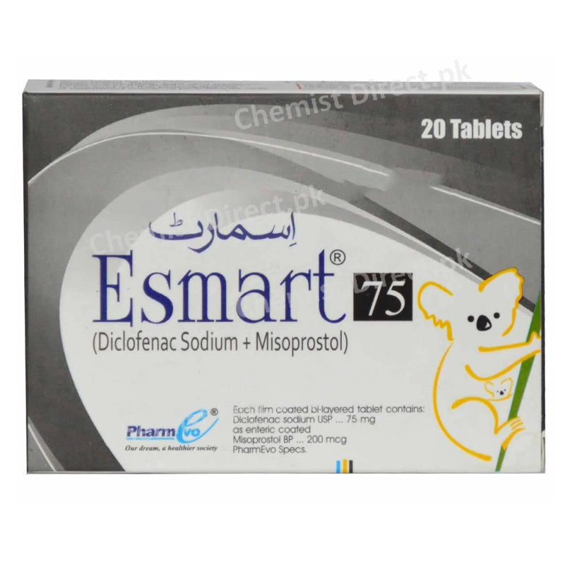 Esmart 75 Tab Tablet Pharm Evo Pvt Ltd Nsaid Prostaglandins Diclofenac Sodium 75mg Misoprostol 200mcg
