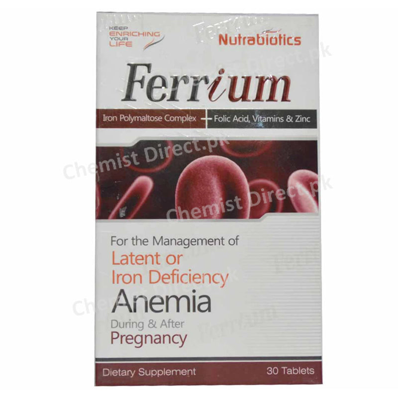 Ferrium Tablet Tab Nutrabiotics pharma Dietary Supplement Iron Polymaltose Complex Folic Acid Vitaminand Zinc