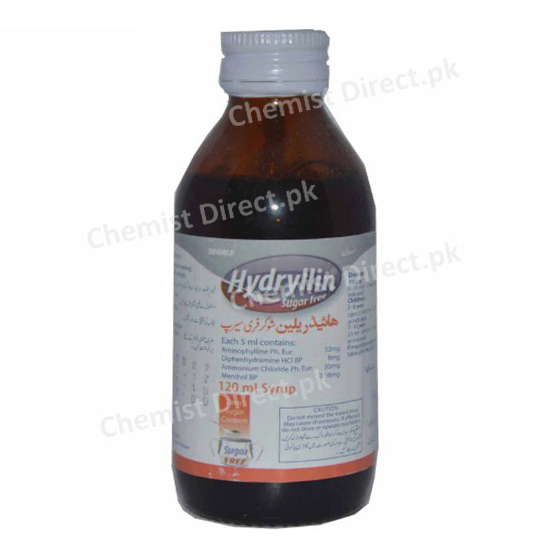 Hydryllin Sugar free syrup 120ml Searle Pakistan Limited Anti-Tussive Aminophylline Dophenhydramine Hcl Ammonium Chloride Menthol BP
