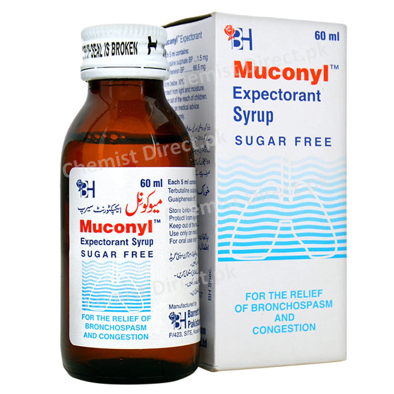 Muconyl Expectorant 60ml Syrup Barrett Hodgson Pakistan Pvt Ltd Expectorant Terbutaline 1.5mg Guaifenesin 66.5mg