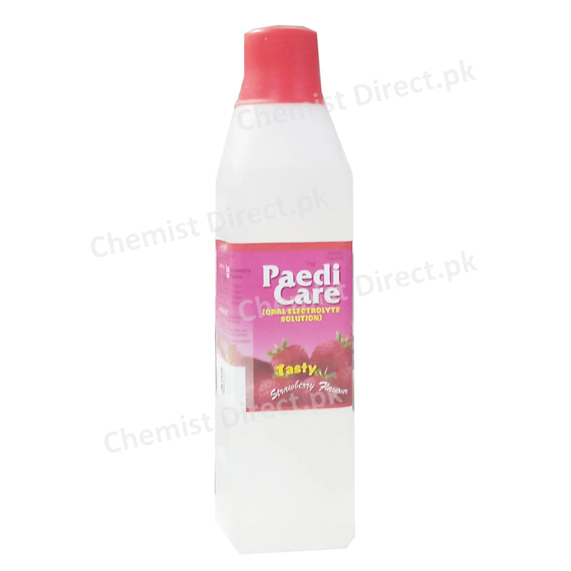 Paedi Care Strawberry Flavowr-WoodwardPakistan Pvt Ltd Oral Rehydration Preparation Each 500ml contains NaCl 1.75gm KCl 0.75gm Trisodium Citrate Dihydrate 1.45gm Glucose Anhydrous 10gm