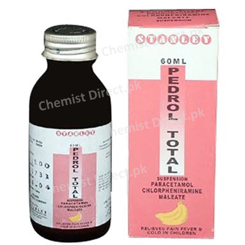 Pedrol total 60ml Syrup Stanley Pharmaceuticals Pvt Ltd Cold Preparation Without Anti Infectives Each 5ml contain Paracetamol 120mg Chlorpheniramine Maleate 1mg