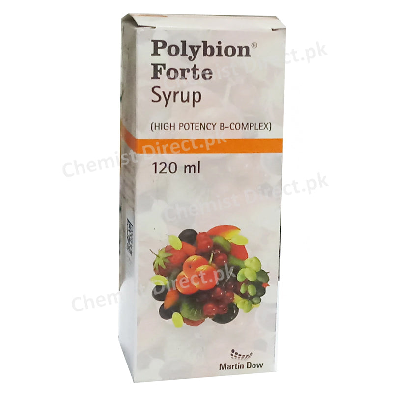 Polybion forte syrup 120ml Martin Dow Pharmaceuticals Pak Ltd Multi vitamin Nicotinamide 20mg Riboflavin 2.5mg Thiamine HCl Vitamin B1 5mg Cyanocobalamin 3mcg