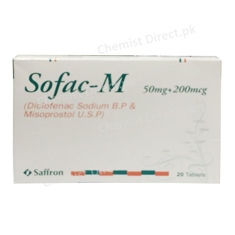 Sofac-M 50mg +200mcg Tablet Diclofenac Sodium B.P & Misoprostol U.S.P Saffron Pharmaceuticals Nsaid