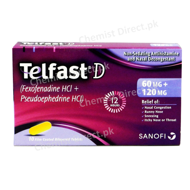 Telfast D 60mg + 120mg Tablet Fexofenadine HCl + Pseudoephedrine HCl Sanofi Aventis