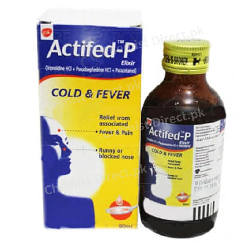 Actifed-P Elixer 90ml Syp Elixir GSK Consumer Healthcare Each-5ml contains Paracetamol 80mg Triprolidine (HCl) 1.25mg Pseudoephedrine (HCl) 30mg