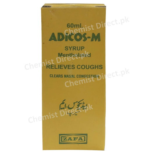 Adicos-M Syrup 60ml Zafa Pharmaceutical Dextromethorphan Hydrobromide 6.5mg, Diphenhydramine HCl 14mg, Menthol 1.75mg, pseudoephedrine