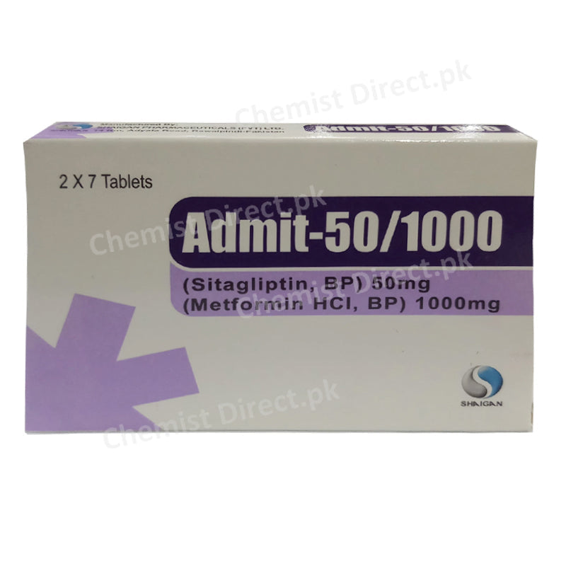 Admit-50/1000mg Tablets Shaigan Pharma  sitagliptin 50mg  metforminhcl bp  1000mg