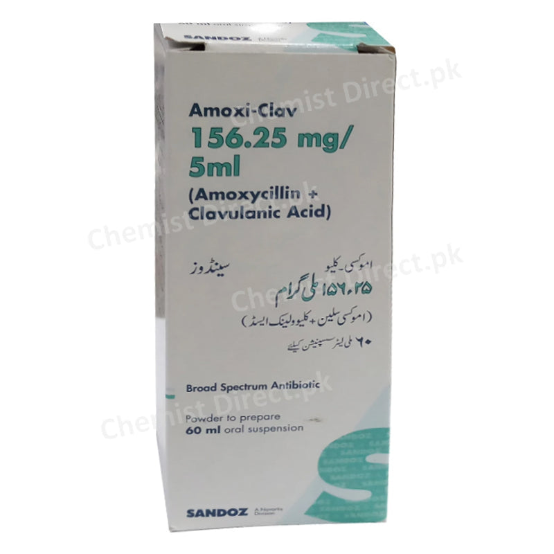 Amoxi-Clav Suspension 156.25mg/5ml 60ml NOVARTIS PHARMA PAKISTAN LTD Amoxicillin 125mg Clavulanic Acid 31.25mg