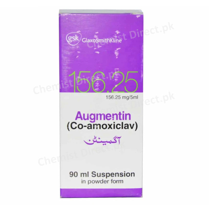 Augmentin Suspension 156.25mg/5ml 90ml Glaxosmithkline Pakistan Limited Amino Penicillin Amoxicillin 125mg, Clavulanic Acid 31.25mg