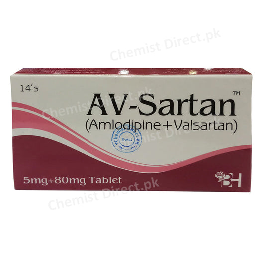 AV-Sartan Tablet 5mg/80mg BARRETT HODGSON PAKISTAN (PVT) LTD  Anti Hypertensive Amlodipine 5mg, Valsartan 80mg