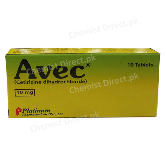 Avec Tablet 10mg Platinum Pharmaceuticals (Pvt) Ltd ANTI-HISTAMINE Cetirizine