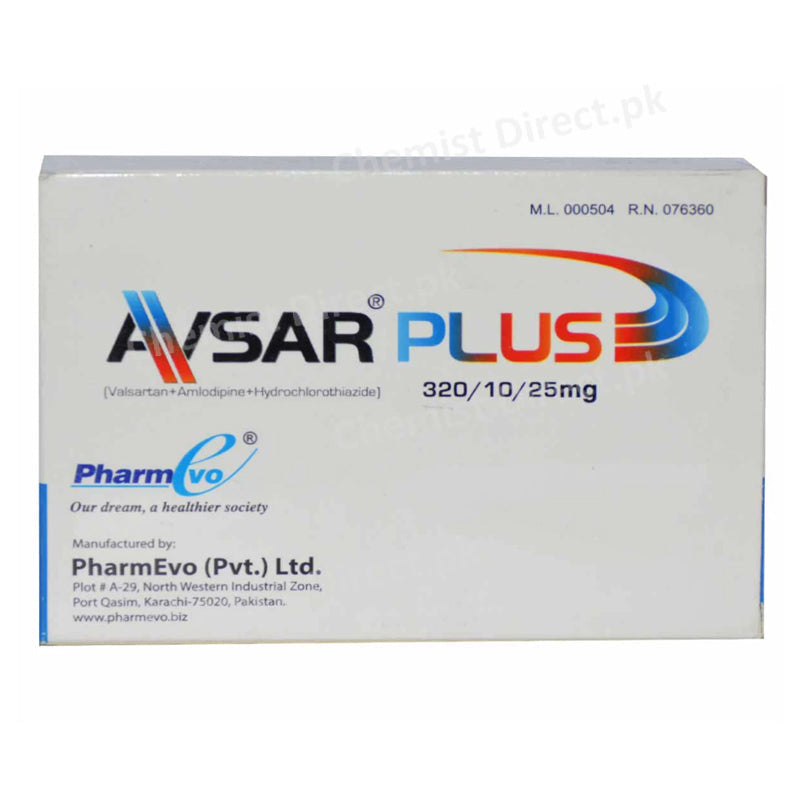 Avsar Plus Tab 320mg 10mg 25mg 28_s-Anti-Hypertensive-Valsartan320mg-Amlodipine 10mg Hydrochlorothiazide 25mg
