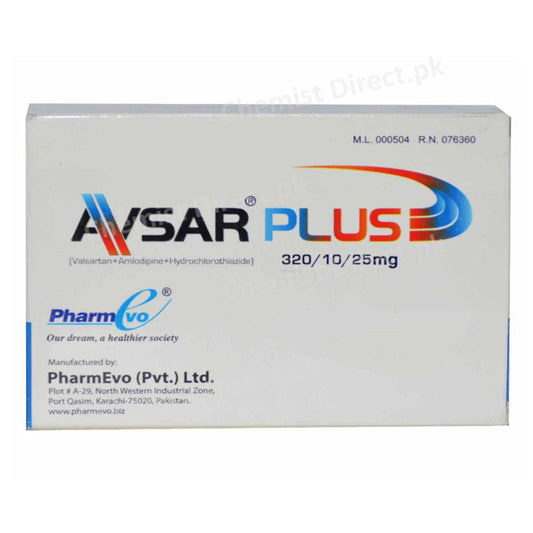 Avsar Plus Tab 320mg 10mg 25mg 28_s-Anti-Hypertensive-Valsartan320mg-Amlodipine 10mg Hydrochlorothiazide 25mg