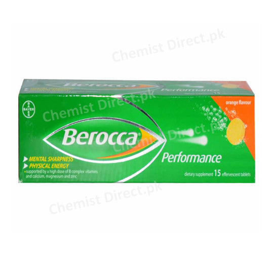 Berocca Effervescent Orange Flavour Tablet Bayer Health Care Pakistan (Pvt) Ltd Multivitamin Nicotinamide 50mg, Riboflavin 15mg, Thiamine HCl 15mg