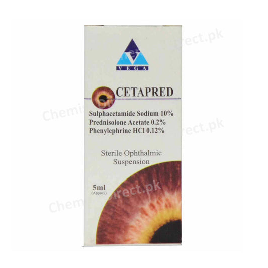 Cetapred Eye Drops 5ml Vega Pharmaceuticals Anti Infective + Corticosteroid Prednisolone Acetate 2%, Sulphacetamide Sodium 10%, Phenylephrine HCl 1.2%