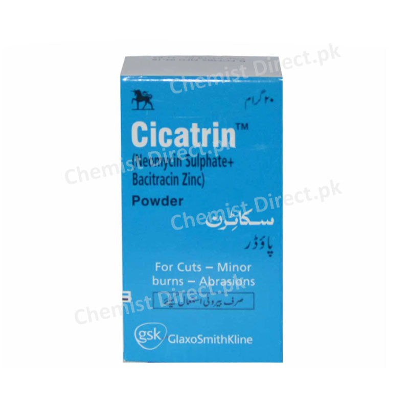 Cicatrin Powder 20g Glaxosmithkline Anti-Bacterial Neomycin sulphate 0.5%, bacitracin Zinc 250 units per gm, l-cysteine 0.2%, glycine 1%, dl-threonine 0.1%