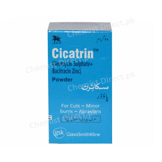 Cicatrin Powder 20g Glaxosmithkline Anti-Bacterial Neomycin sulphate 0.5%, bacitracin Zinc 250 units per gm, l-cysteine 0.2%, glycine 1%, dl-threonine 0.1%