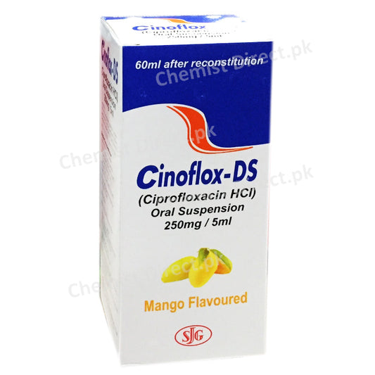 Cinoflox DS Mango Flavoured 250mg 5ml 60ml Suspension SJG Pharma Ciprofloxacin HCL
