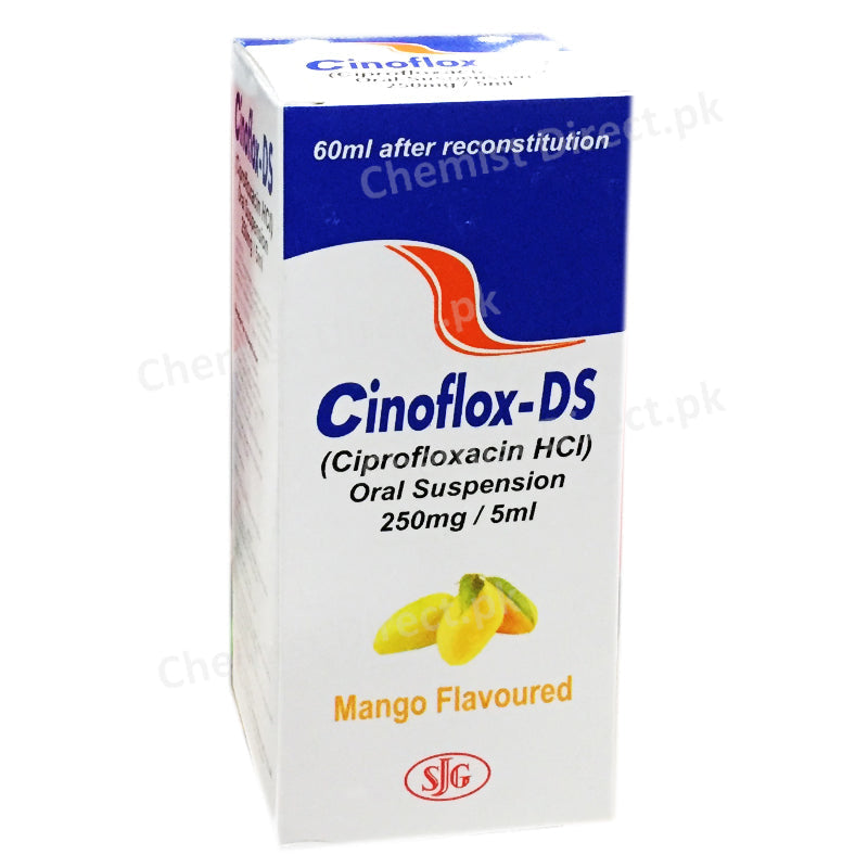 Cinoflox DS Mango Flavoured 250mg 5ml 60ml Suspension SJG Pharma Ciprofloxacin HCL