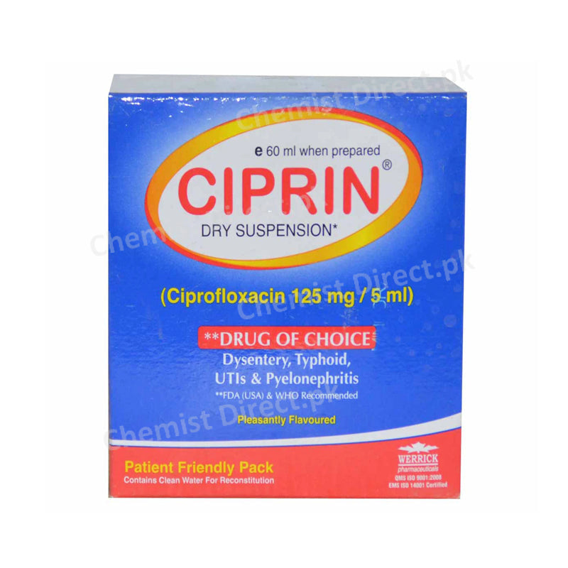 Ciprin Suspension 125mg/5ml 60ml Werrick Pharmaceuticals Quinolone Anti-Bacterial Ciprofloxacin