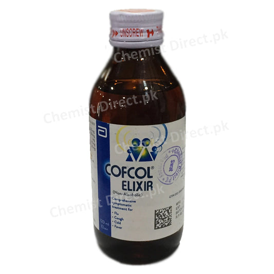 Cofcol Elixir 120ml Syp Syrup ABBOTTLABORATORIES Pakistan LTD Coldpreparationwithout Anti infectives Paracetamol 325mg Pseudoephedrine HCl 30mg Chlorpheniraminemaleate 1mg Dextromethorphan