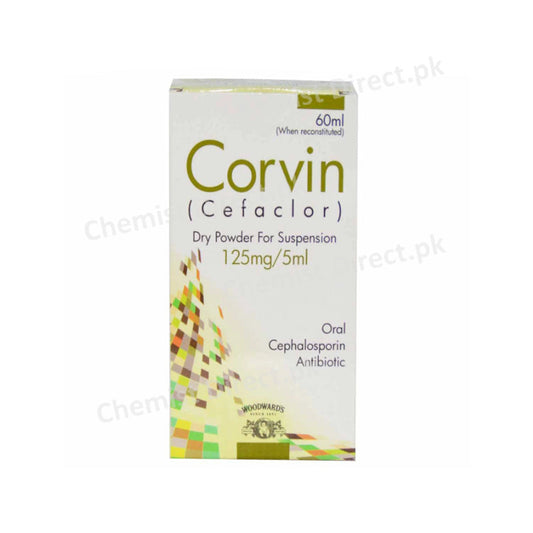 Corvin Suspension 125mg/5ml 60ml Woodward Pakistan Cephalosporin Antibiotic Cefaclor