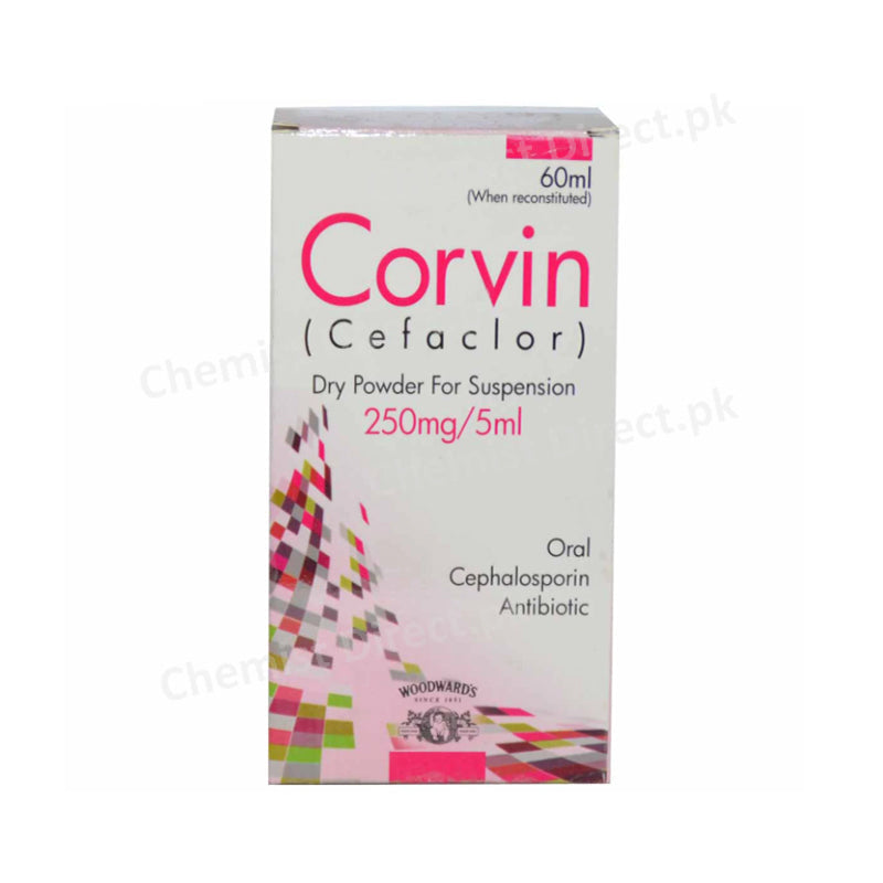 Corvin Suspension 250mg/5ml 60ml Woodward Pakistan Cephalosporin Antibiotic Cefaclor