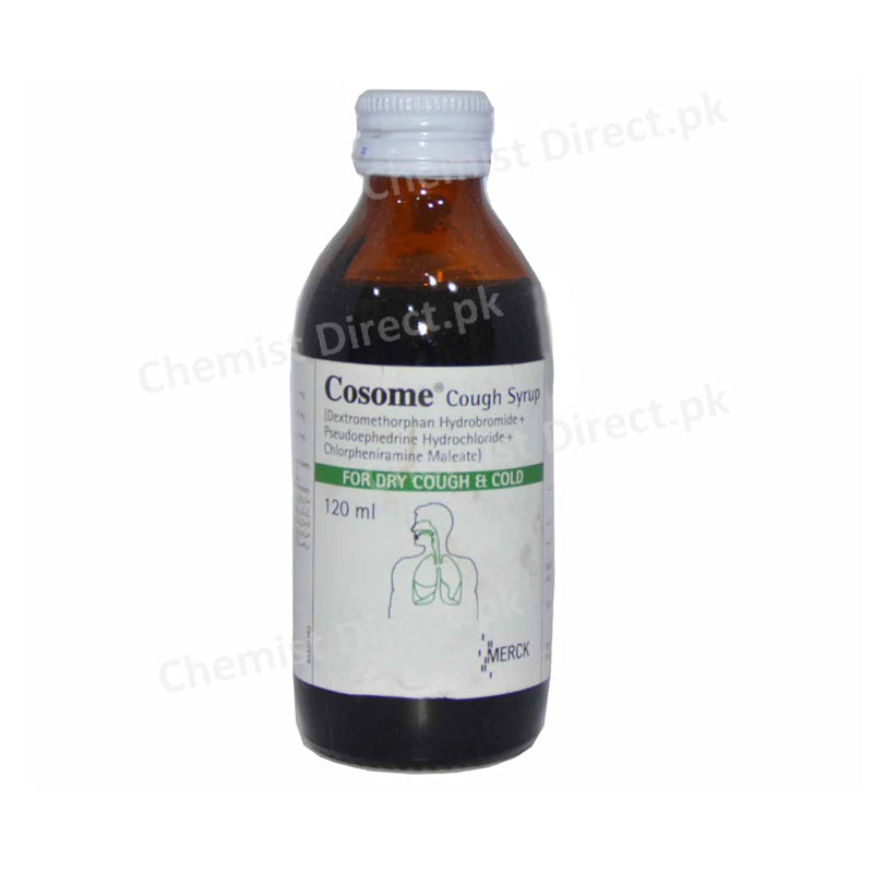 Cosome Cough Syrup 120ml Martin Dow Pharmaceuticals Cough Supressant Dextromethorphan Hydrobromide 10mg, Pseudoephedrine Hydrochloride 30mg, Chlorpheniramine Maleate 2mg