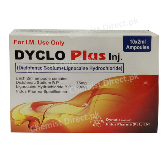Dyclo Plus I.M Injection 10Ampoules 2ml Indus Pharma Diclofenac Sodium, Lignocain Nsaid