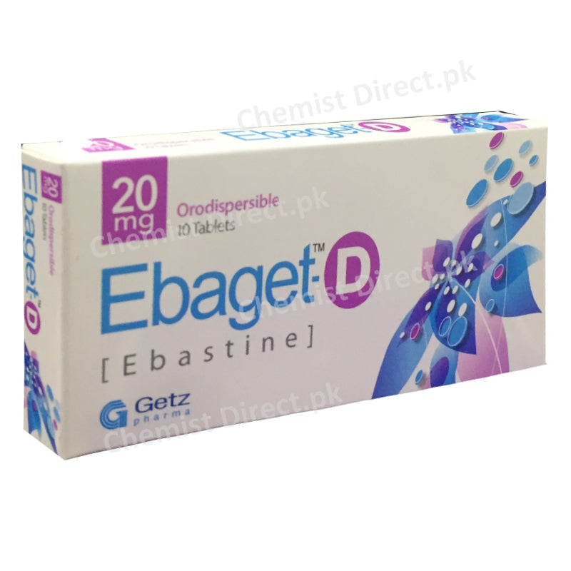 Ebaget-D-20mg-Tablet Getz Pharma Antihistaminic Antiallergic Ebastine Ebaget D Ebastine_isindicatedforthesymptomatic treatment of Seasonaland perennial allergicrhinitis rhinoconjunctivitis U