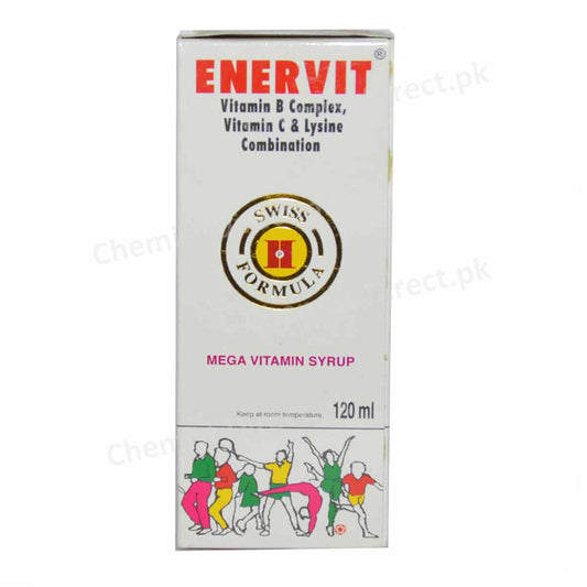 Enervit Syrup 120ml Vitamins Supplements VitaminB Complex Vitamin-C Lysine Combination Himont Pharma