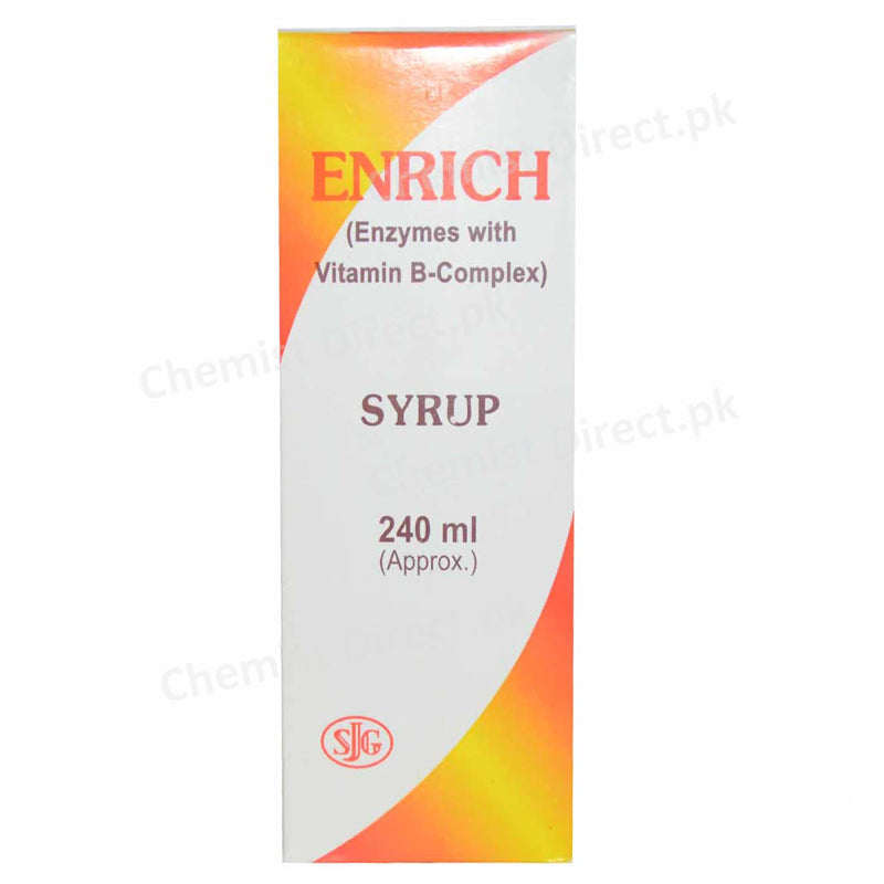 Enrich 240ml syp Syrup SJ G Fazal Elahi Vitaminsand Calcium Each 5ml contain Nicotinamide 20mg Riboflavin 2mg Pepsin 50mg Thiamine HCl 5mg Papain 50mg