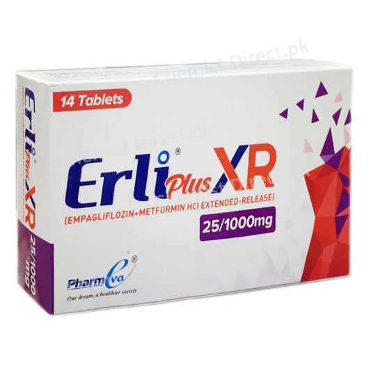 Erli Plus XR 25 1000mg Tablet Pharmevo Bio Tech pharma Oral Hypoglycemic Empaglifloxin Metformin HCL Extended Relesel
