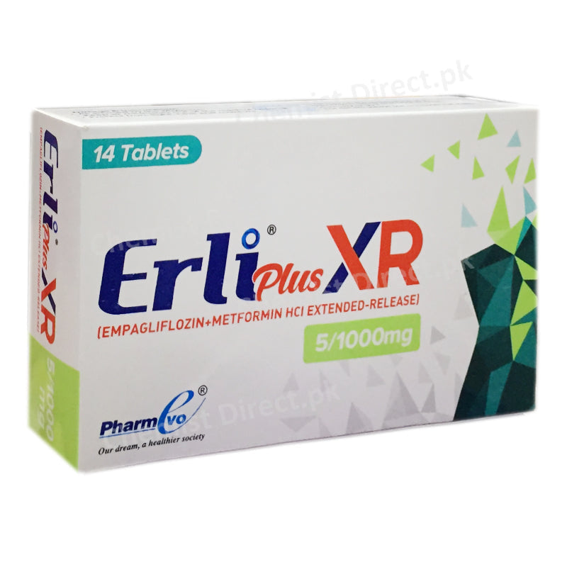 Erli Plus XR 5 1000mg Tablet Pharmevo Bio Tech pharma Oral Hypoglycemic Empaglifloxin Metformin HCL Extended Relesel