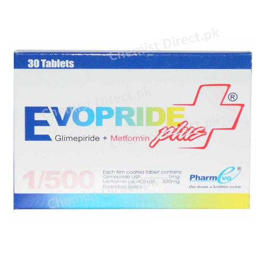 Evopride Plus 1/500mg Tablet Glimepiride 1mg, Metformin 500mg Oral Hypoglycemic Pharm Evo