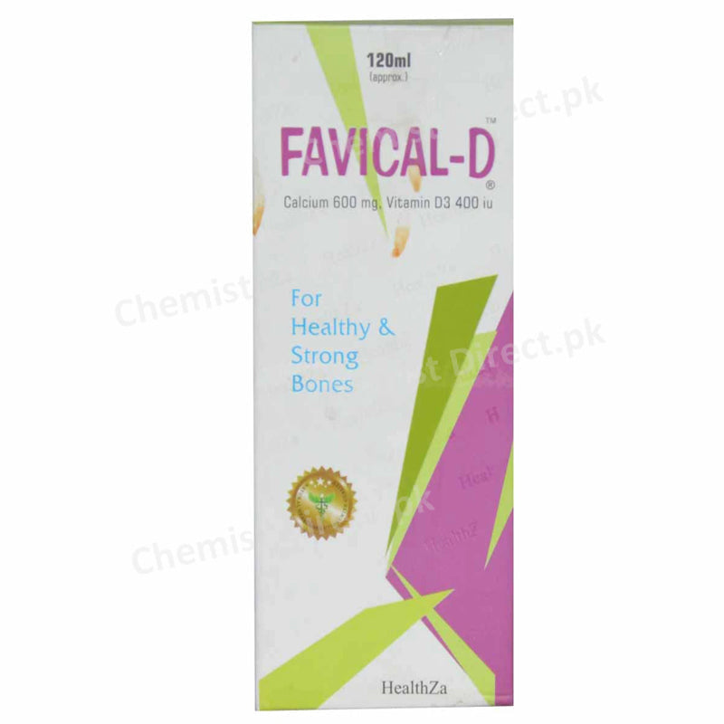 Favical D 120ml Syrup Healthza Pharma Calcium 600mg Vitamin D 3400IU