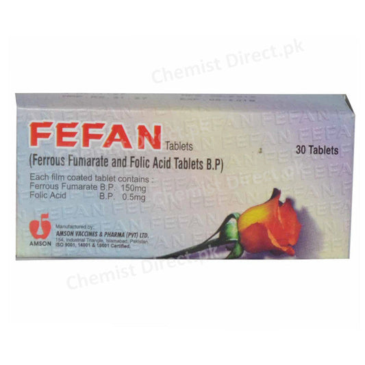 Fefan Tablet Anti-Anemic Ferrous Fumarate 150mg, Folic Acid 0.5mg Amson Vaccines Pharma