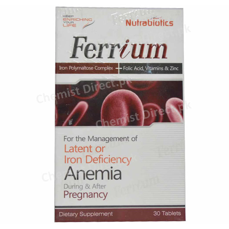 Ferrium Tablet Tab Nutrabiotics pharma Dietary Supplement Iron Polymaltose Complex Folic Acid Vitaminand Zinc 