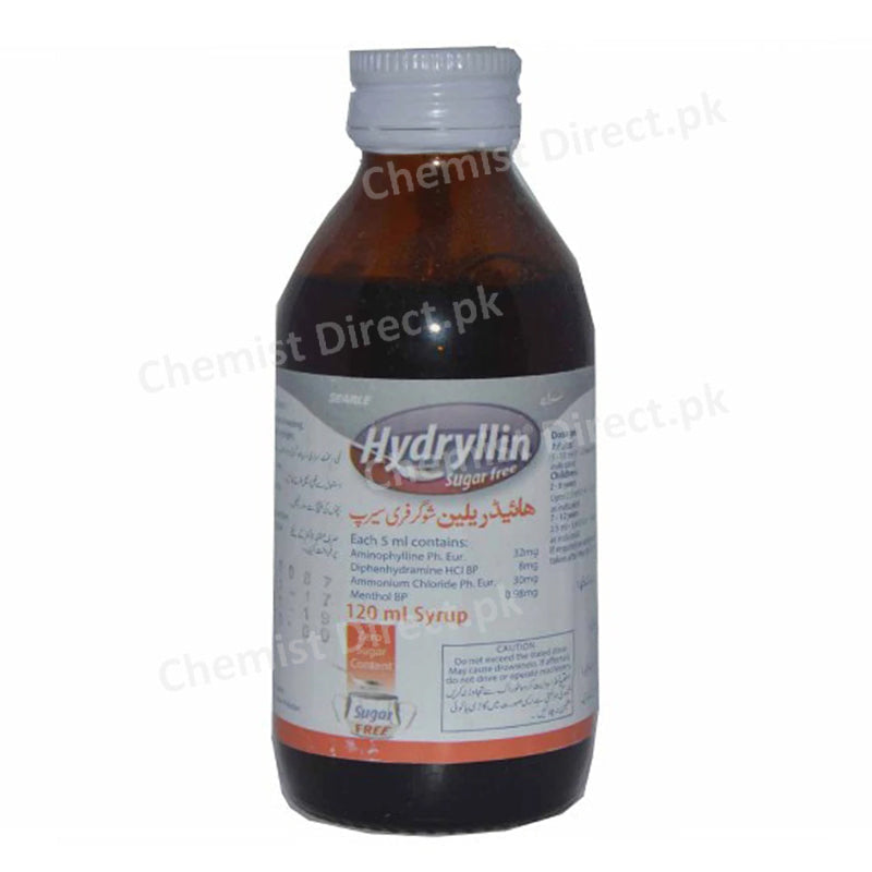 Hydryllin Sugar free syrup 120ml Searle Pakistan Limited Anti-Tussive Aminophylline Dophenhydramine Hcl Ammonium Chloride Menthol BP