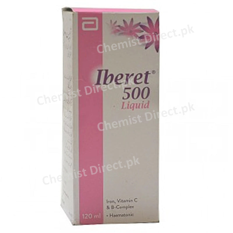 Iberet 500 120ml Syp Syrup ABBOTT LABORATORIES PAKISTAN LTD Anti Anemic Ferroussulphate 131mg represents 26.25mg of elementaliron Vit C 125mg B1 1.5m _B2 1.5mg B 61.25mg_B 12 6.25mcg Nicotinamide
