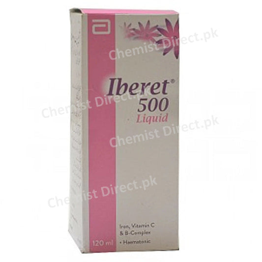Iberet 500 120ml Syp Syrup ABBOTT LABORATORIES PAKISTAN LTD Anti Anemic Ferroussulphate 131mg represents 26.25mg of elementaliron Vit C 125mg B1 1.5m _B2 1.5mg B 61.25mg_B 12 6.25mcg Nicotinamide