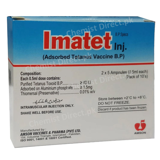 Imatet Injection Inj Amson Pharma Pvt Ltd Vaccines Tetanus Toxoi dAdsorbed Store At 2-80c Do Not Freeze