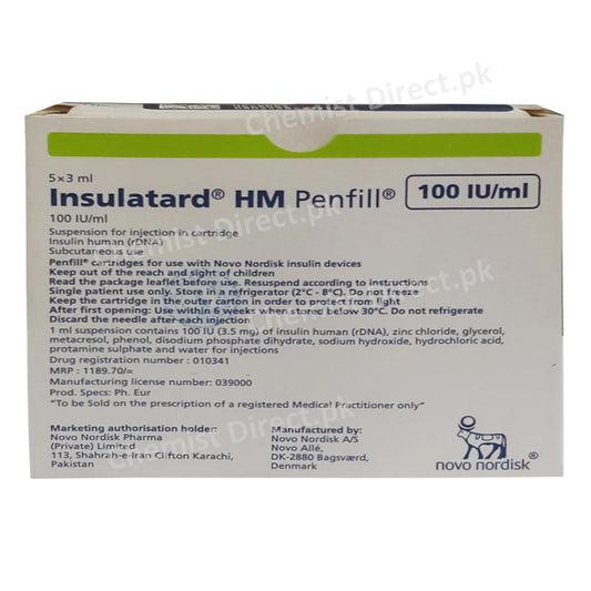     Insulatard Hm Penfill 100iu Ml Novo Nordisk Pharma Pvt Ltd Intermediate ActingInsulins Human Nph Insulin Store At 2 80c Do Not Freeze