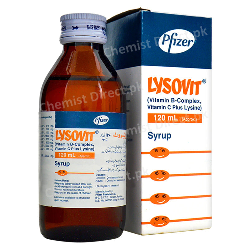 Lysovit Syrup 120ml Pfizer Pakistan Vitamin Supplement Each 5ml Contains Nicotinamide 16.66mg Riboflavin Vitamin B2 1.66mg Thiamine Hcl Vitamin B14 16mg Ascorbic Acid 75mg Cyanocobalamin 8.33mcg
